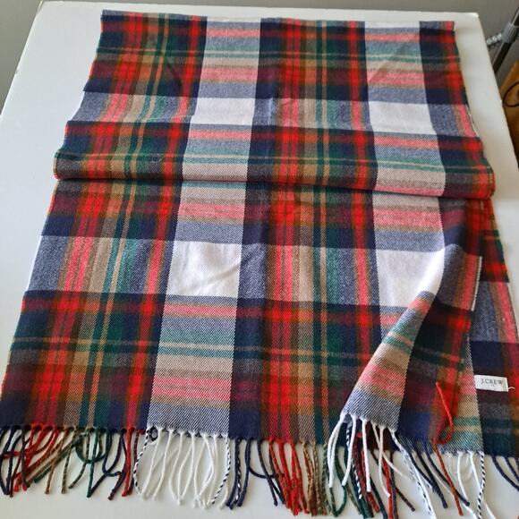 J. Crew Red Green & Beige Plaid Rectangular Scarf with Fringes - Size 25" x 77" - Picture 8 of 16